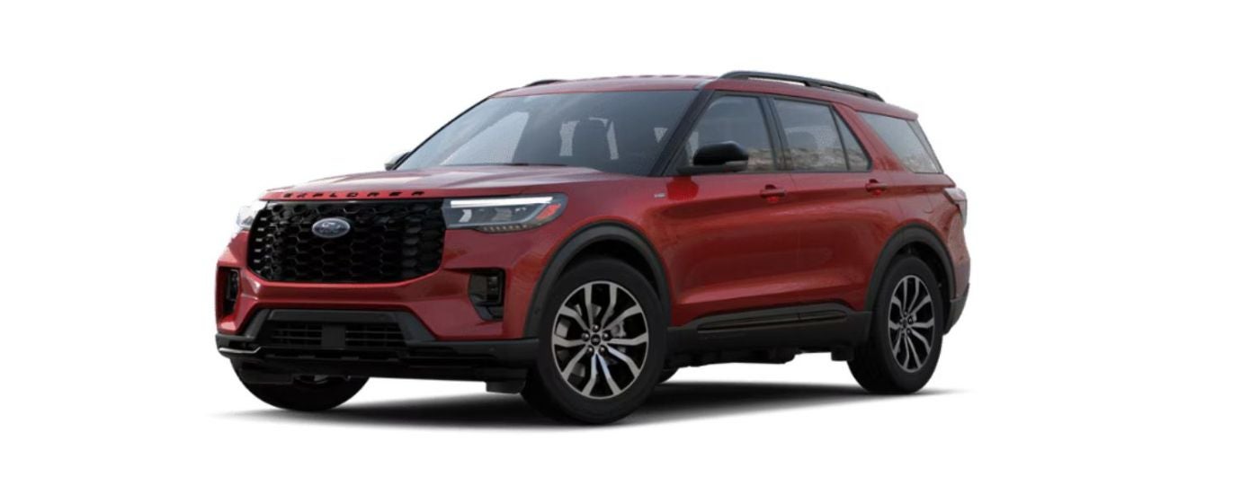 A red 2025 Ford Explorer angled left.