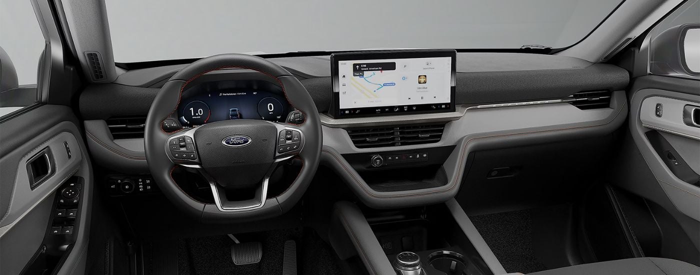 Black front interior of a 2026 Ford Explorer Active with 13.2-inch Center Display.